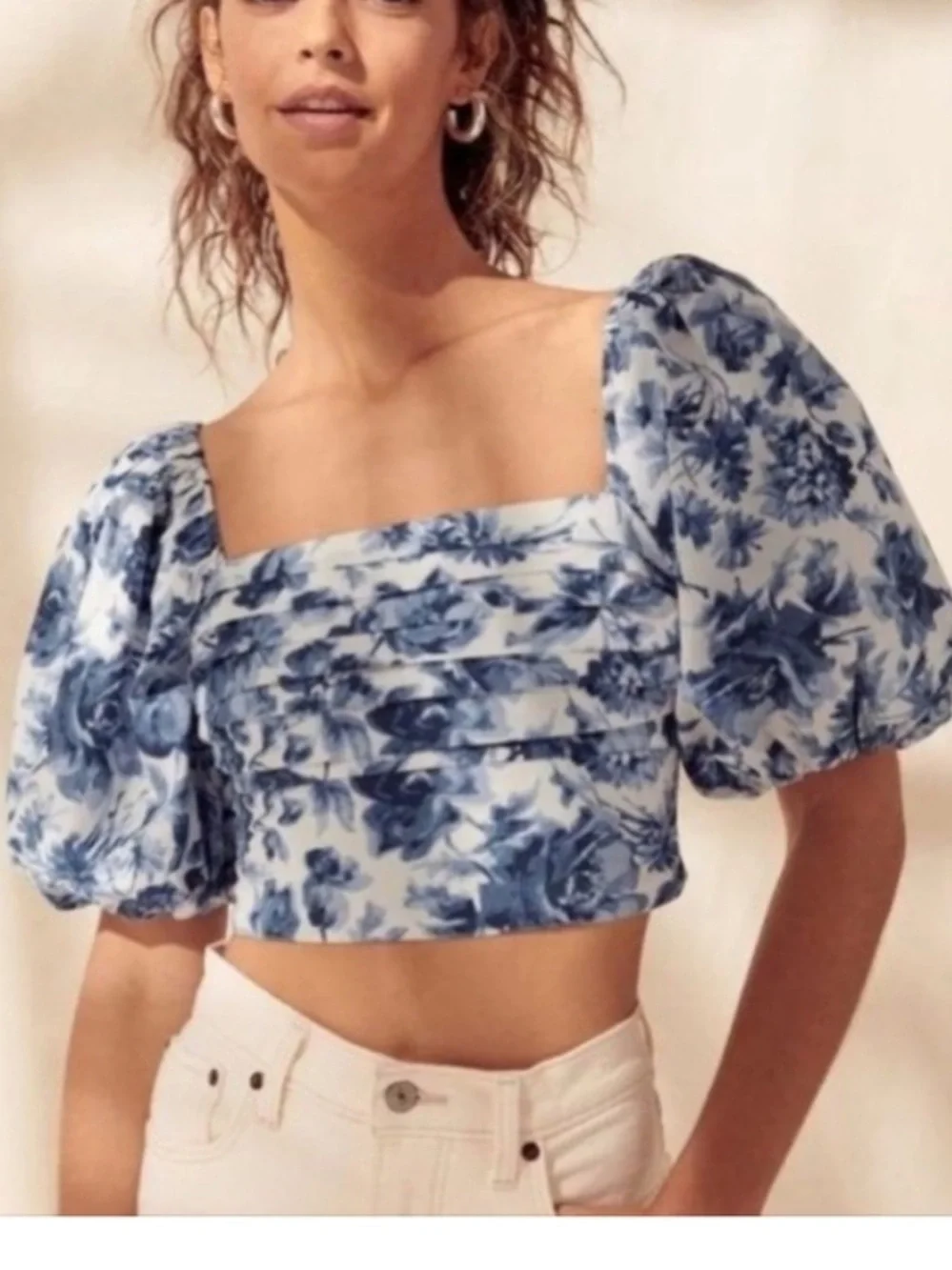Abercrombie + Fitch Emerson Blue White Floral Smocked Puff Sleeve Top Size XL